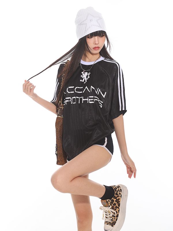 Color-Blocking Loose Fit Short Sleeve Raglan T-Shirt with Three Stripe Design - American Style Summer Top