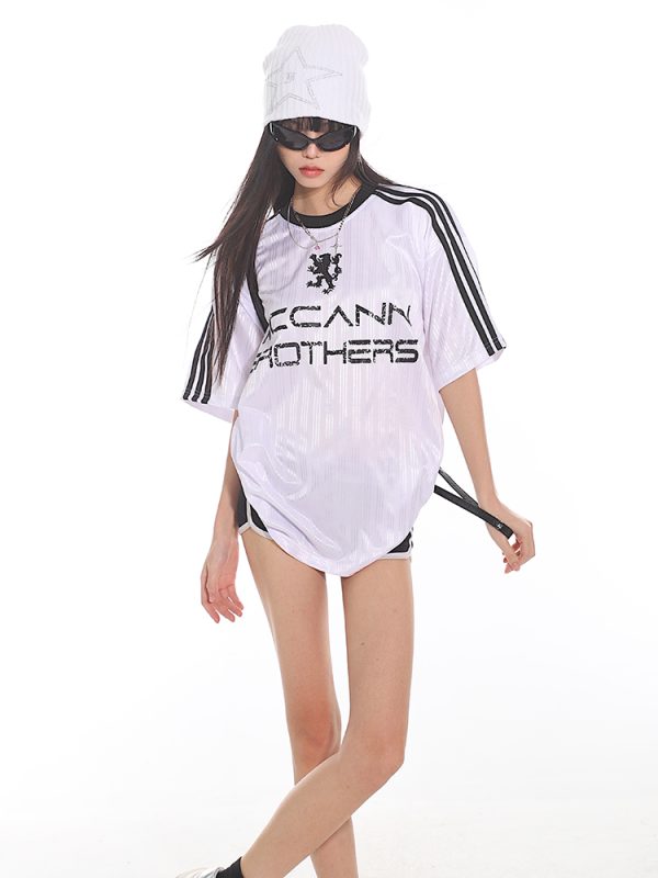 Color-Blocking Loose Fit Short Sleeve Raglan T-Shirt with Three Stripe Design - American Style Summer Top