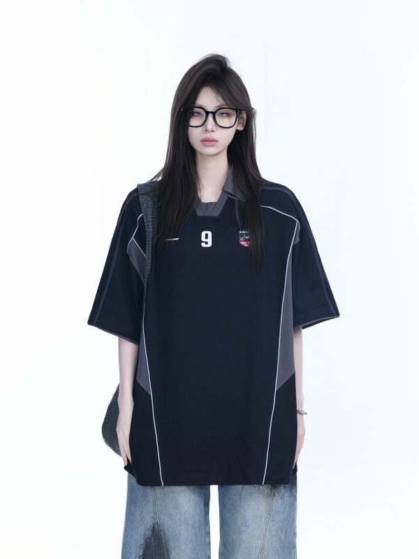 Color-Blocking Oversized Short-Sleeve T-Shirt for Women - Retro American Style, Summer Loose Fit, Trendy Mountain Graphic Design