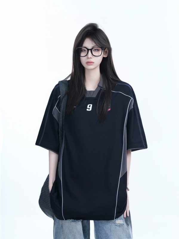 Color-Blocking Oversized Short-Sleeve T-Shirt for Women - Retro American Style, Summer Loose Fit, Trendy Mountain Graphic Design