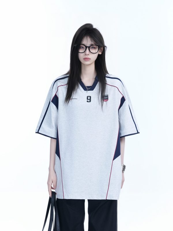 Color-Blocking Oversized Short-Sleeve T-Shirt for Women - Retro American Style, Summer Loose Fit, Trendy Mountain Graphic Design