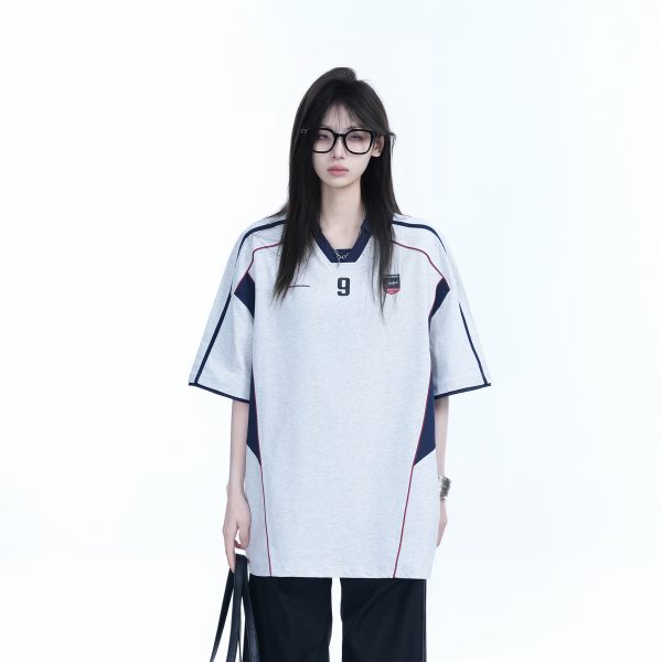 Color-Blocking Oversized Short-Sleeve T-Shirt for Women - Retro American Style, Summer Loose Fit, Trendy Mountain Graphic Design