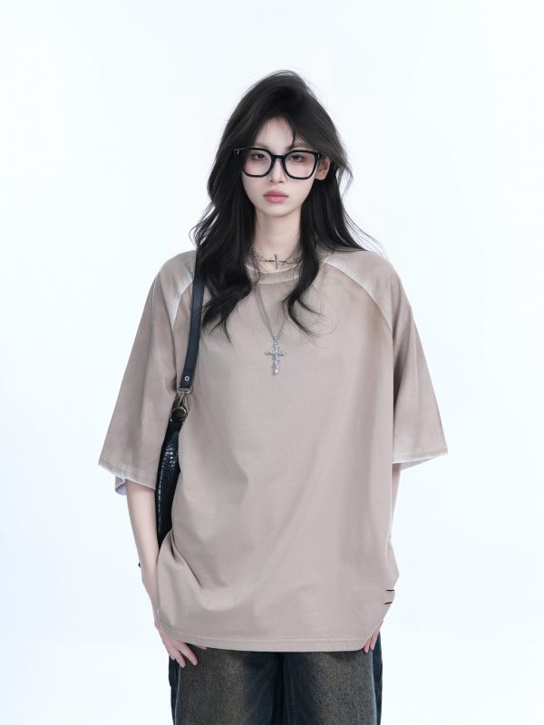 Color-Blocking Raglan T-Shirt for Women - Oversized Loose Fit Short Sleeve Tee with American Sports Style, Casual Trendy Look