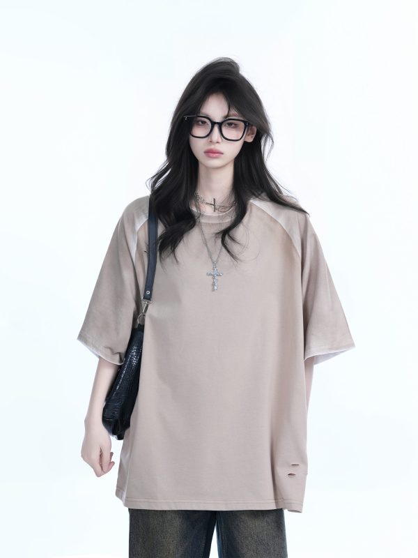 Color-Blocking Raglan T-Shirt for Women - Oversized Loose Fit Short Sleeve Tee with American Sports Style, Casual Trendy Look