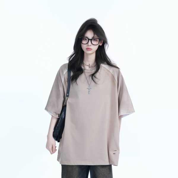 Color-Blocking Raglan T-Shirt for Women - Oversized Loose Fit Short Sleeve Tee with American Sports Style, Casual Trendy Look