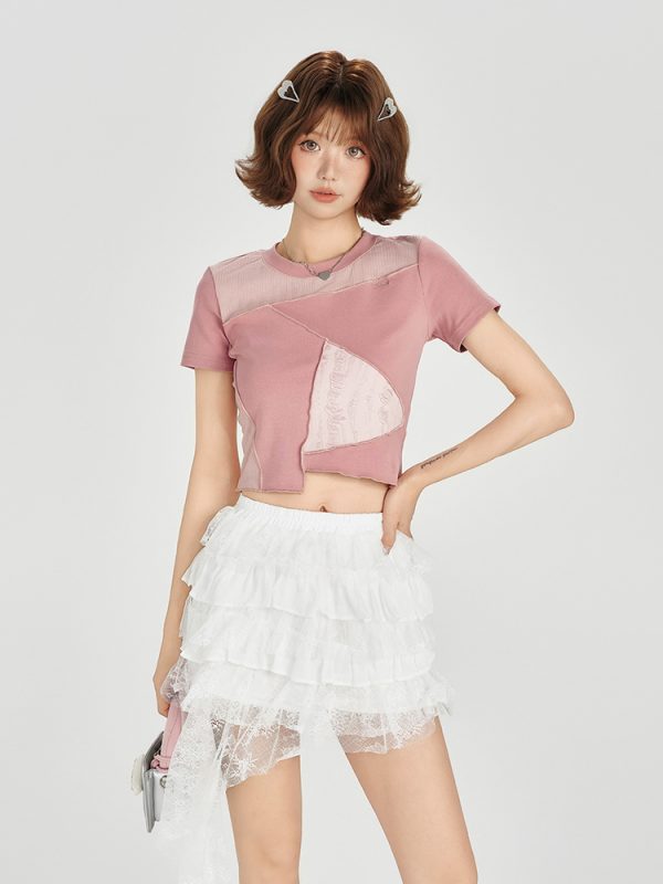 Color-Blocking Short Sleeve T-Shirt for Women - Retro Patchwork Split Design, Summer 90s Style Top