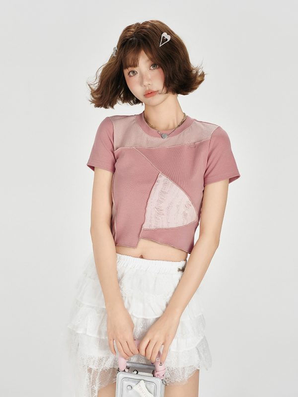 Color-Blocking Short Sleeve T-Shirt for Women - Retro Patchwork Split Design, Summer 90s Style Top