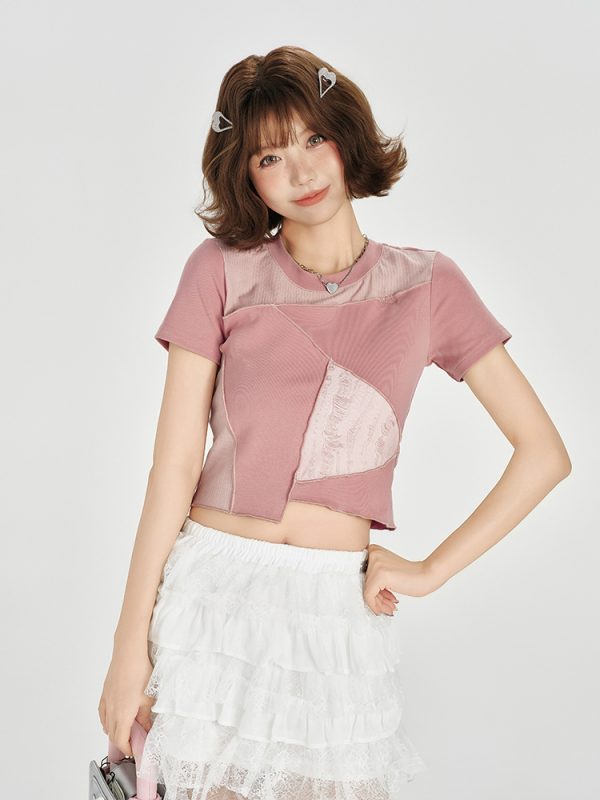 Color-Blocking Short Sleeve T-Shirt for Women - Retro Patchwork Split Design, Summer 90s Style Top
