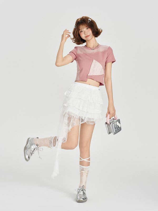 Color-Blocking Short Sleeve T-Shirt for Women - Retro Patchwork Split Design, Summer 90s Style Top
