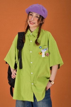 Colorful Candy Color Short Sleeve Shirt for Couples - Versatile Loose Fit Half Sleeve Top - Trendy Multi-Dopamine Style