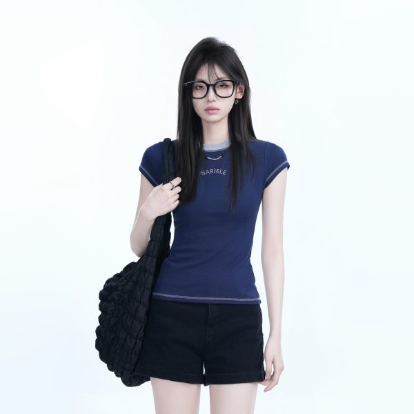 Colorful Contrast Short Sleeve T-Shirt for Women - Slim Fit Round Neck, American Style, Casual Base Layer, Perfect for Everyday Wear