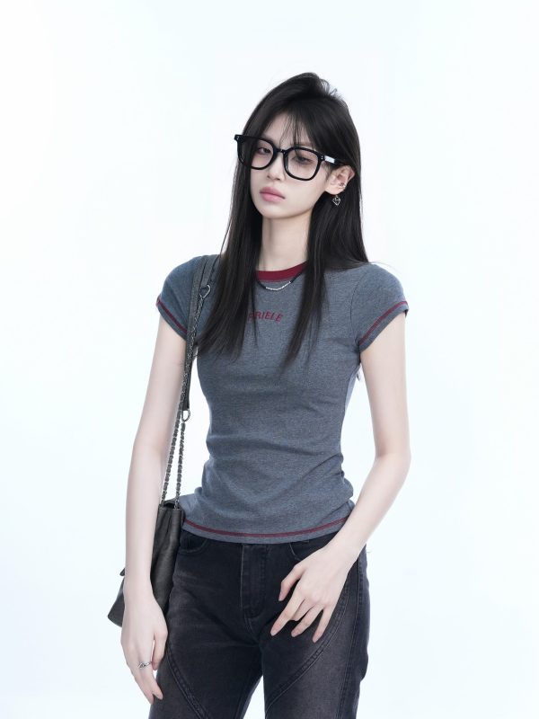 Colorful Contrast Short Sleeve T-Shirt for Women - Slim Fit Round Neck, American Style, Casual Base Layer, Perfect for Everyday Wear
