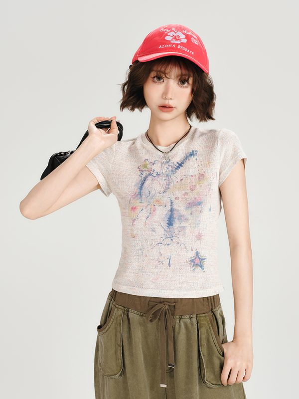 Colorful Dot Print Short Sleeve T-Shirt for Women - American Retro Style, Round Neck, Slim Fit, Summer Fashion Top