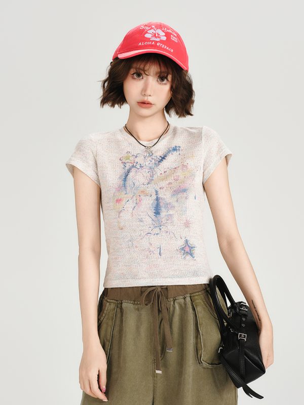 Colorful Dot Print Short Sleeve T-Shirt for Women - American Retro Style, Round Neck, Slim Fit, Summer Fashion Top