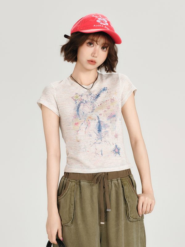 Colorful Dot Print Short Sleeve T-Shirt for Women - American Retro Style, Round Neck, Slim Fit, Summer Fashion Top