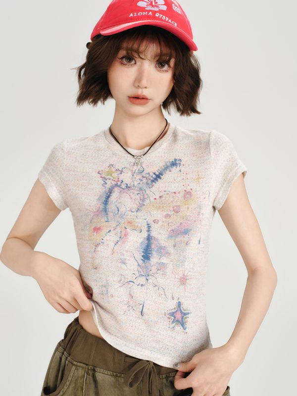 Colorful Dot Print Short Sleeve T-Shirt for Women - American Retro Style, Round Neck, Slim Fit, Summer Fashion Top
