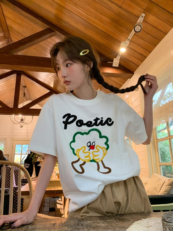 Colorful Embroidered Dog T-Shirt for Women - Summer Loose Fit Pure Cotton Short Sleeve Top, Cute and Fun Pet Lover Style