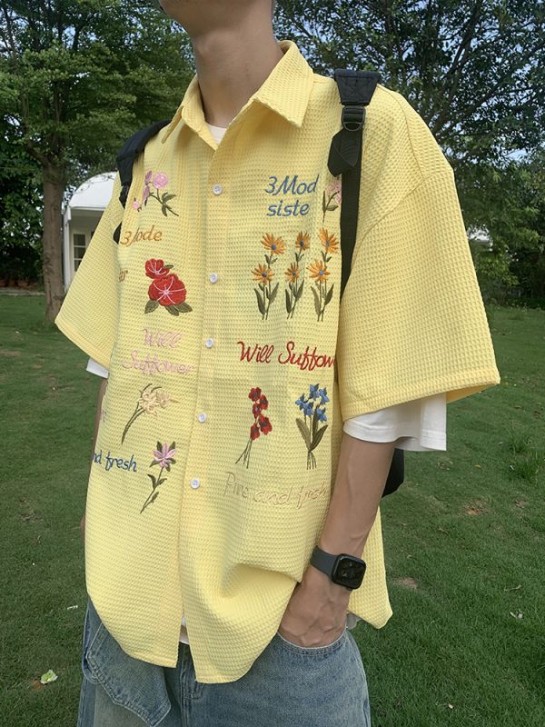 Colorful Floral Embroidered Waffle Short-Sleeve Shirt for Men and Women - American Retro Casual Loose Fit Summer Style