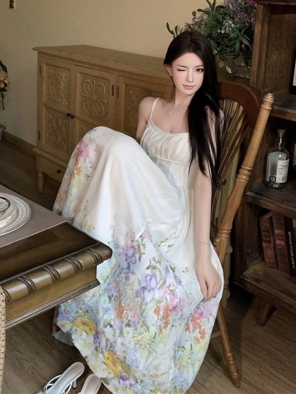 Colorful Rainbow Handmade Tailored Heavy Print Strap Dress with Waist-Cinching Slimming Long Skirt - Boho Style, Summer Fashion