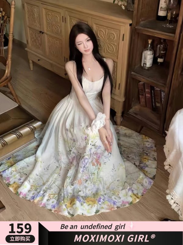 Colorful Rainbow Handmade Tailored Heavy Print Strap Dress with Waist-Cinching Slimming Long Skirt - Boho Style, Summer Fashion