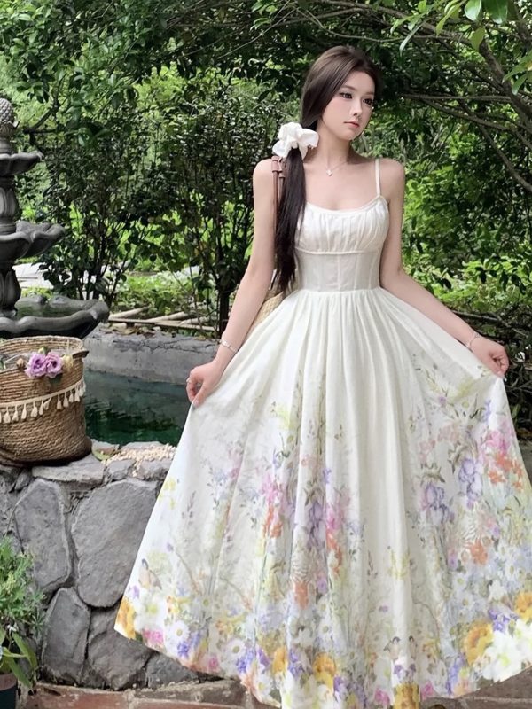 Colorful Rainbow Handmade Tailored Heavy Print Strap Dress with Waist-Cinching Slimming Long Skirt - Boho Style, Summer Fashion