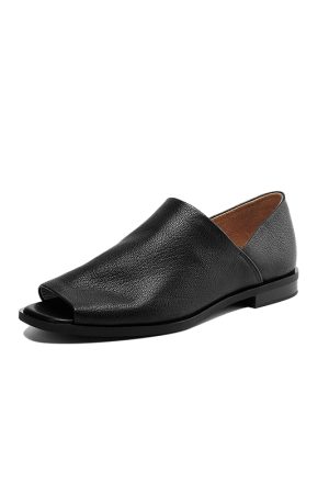 Comfortable Black Peep-Toe Flat Sandals for Women - Soft Sole Casual Summer Shoes 2025, Trendy Sheepskin Design