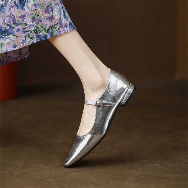 Comfortable Genuine Leather Mary Jane Flat Shoes with Square Toe and Single Buckle - Stylish Everyday Footwear