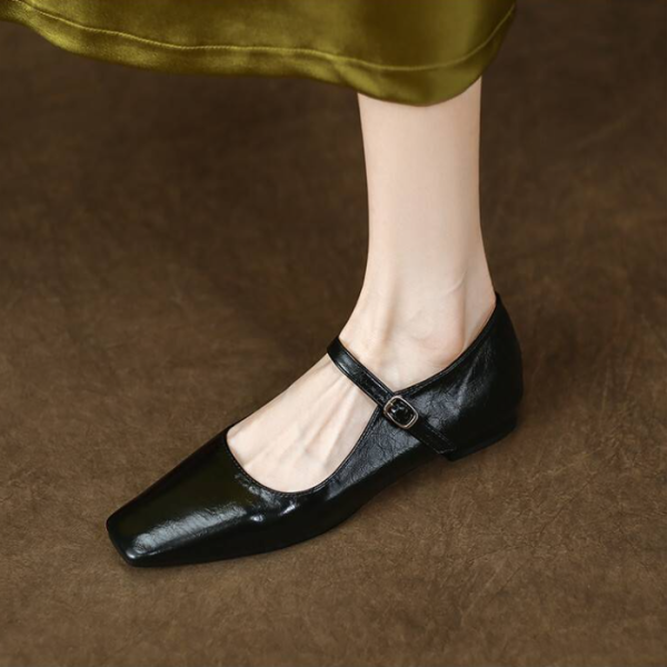 Comfortable Genuine Leather Mary Jane Flat Shoes with Square Toe and Single Buckle - Stylish Everyday Footwear