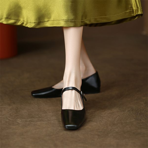 Comfortable Genuine Leather Mary Jane Flat Shoes with Square Toe and Single Buckle - Stylish Everyday Footwear