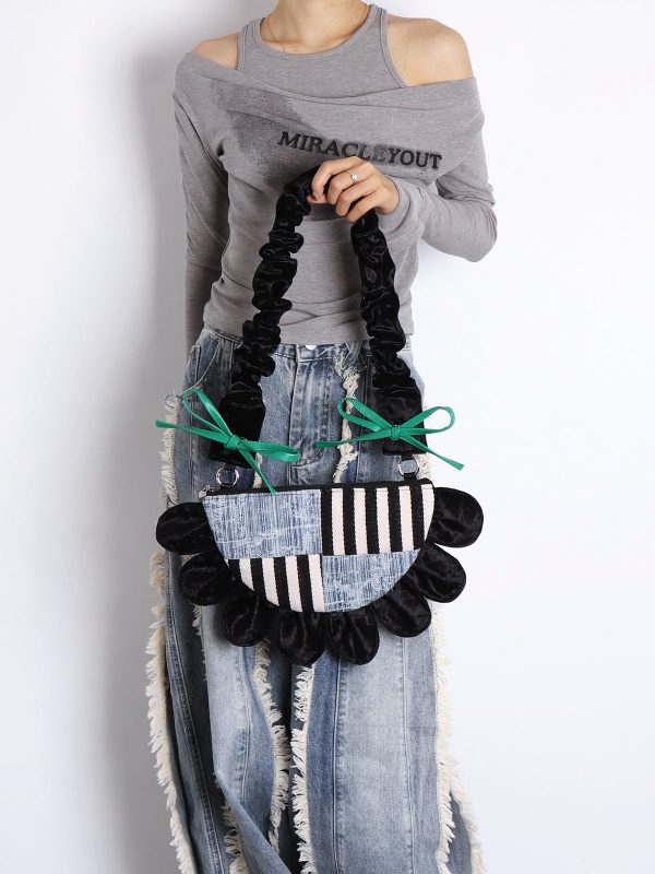 Contrasting Color Floral Underarm Bag - Spliced Denim Bow Half-Moon Crossbody Bag for Autumn & Winter, Niche Design