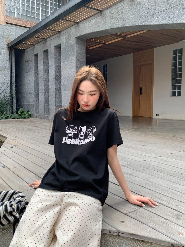 Contrasting Color Striped Dog Foam Printed Short-Sleeve T-Shirt for Women - Summer High-End Round Neck Top, Trendy Fashion 90s Style