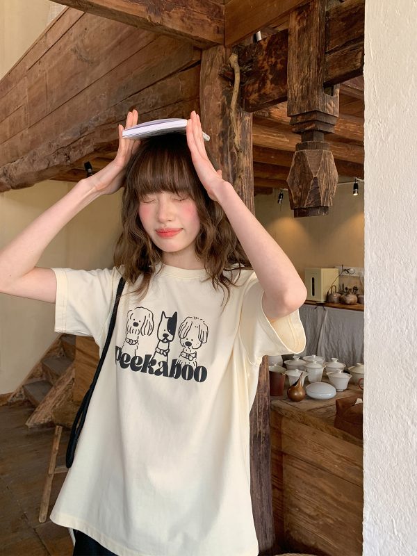 Contrasting Color Striped Dog Foam Printed Short-Sleeve T-Shirt for Women - Summer High-End Round Neck Top, Trendy Fashion 90s Style
