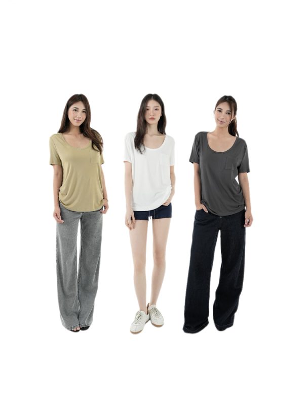 Cool Feel Loose Short Sleeve T-Shirt with Big Round Neck and Low-Cut Design - Perfect for Casual 90s Style