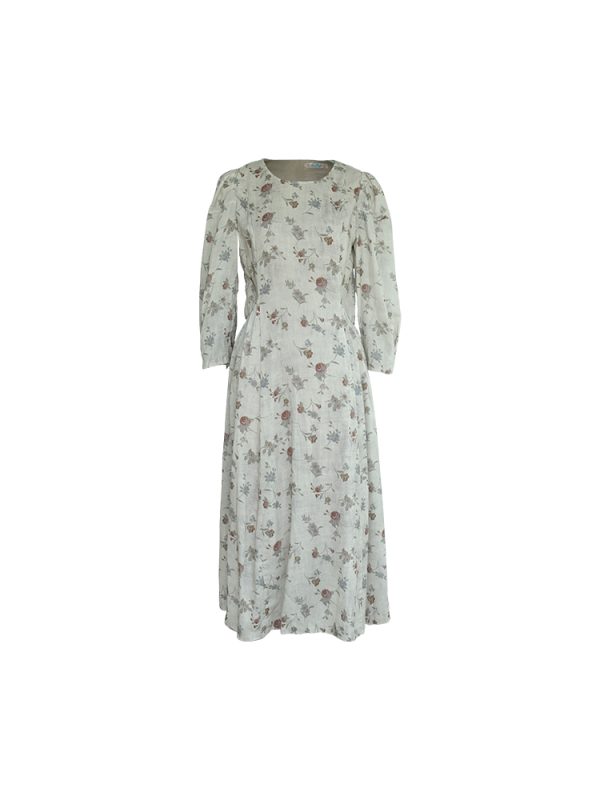 Cool Sky Blue Silk Linen Dress for Women, Vintage Autumn Puff Sleeve, Waist-Defined Long Dress, Y2K Fashion, Elegant Casual Wear