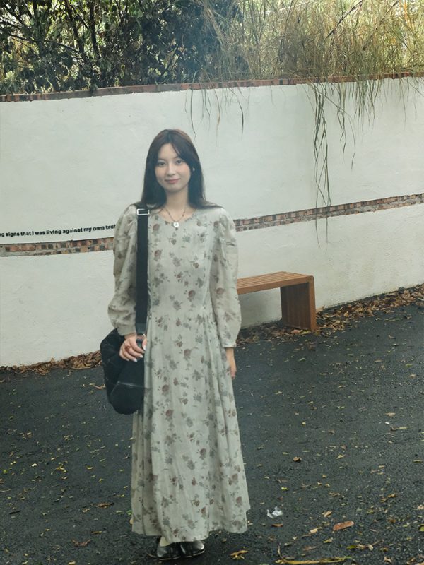 Cool Sky Blue Silk Linen Dress for Women, Vintage Autumn Puff Sleeve, Waist-Defined Long Dress, Y2K Fashion, Elegant Casual Wear