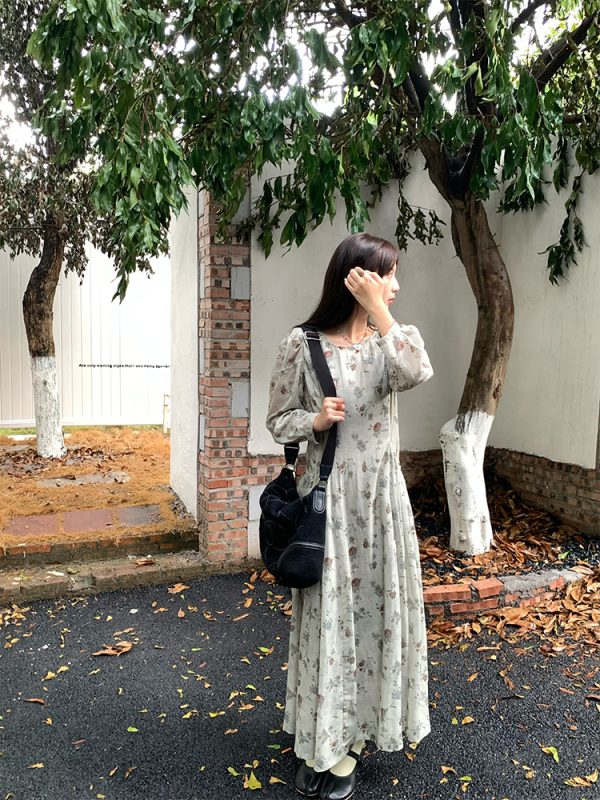 Cool Sky Blue Silk Linen Dress for Women, Vintage Autumn Puff Sleeve, Waist-Defined Long Dress, Y2K Fashion, Elegant Casual Wear