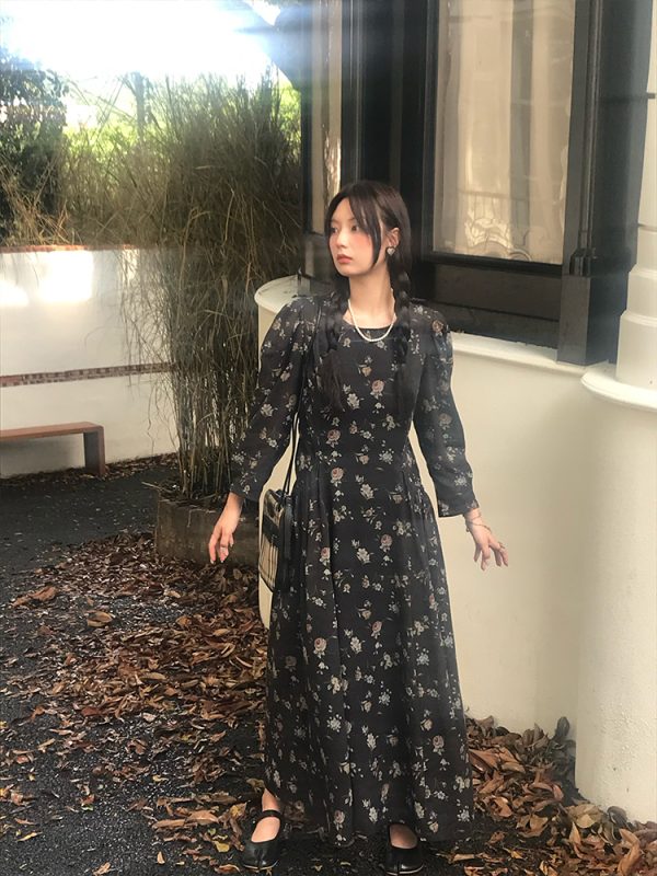 Cool Sky Blue Silk Linen Dress for Women, Vintage Autumn Puff Sleeve, Waist-Defined Long Dress, Y2K Fashion, Elegant Casual Wear