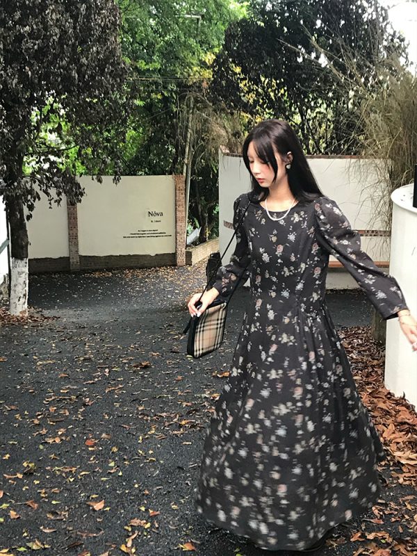 Cool Sky Blue Silk Linen Dress for Women, Vintage Autumn Puff Sleeve, Waist-Defined Long Dress, Y2K Fashion, Elegant Casual Wear