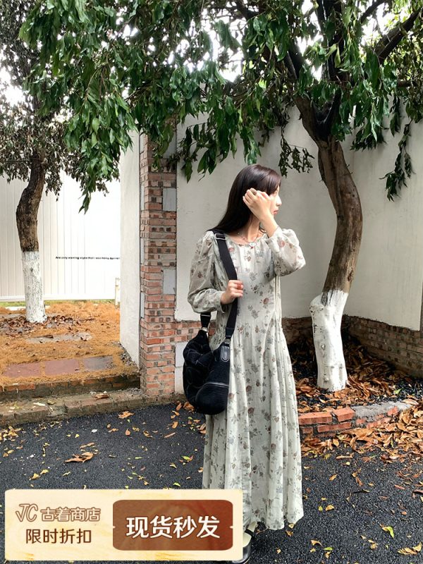 Cool Sky Blue Silk Linen Dress for Women, Vintage Autumn Puff Sleeve, Waist-Defined Long Dress, Y2K Fashion, Elegant Casual Wear