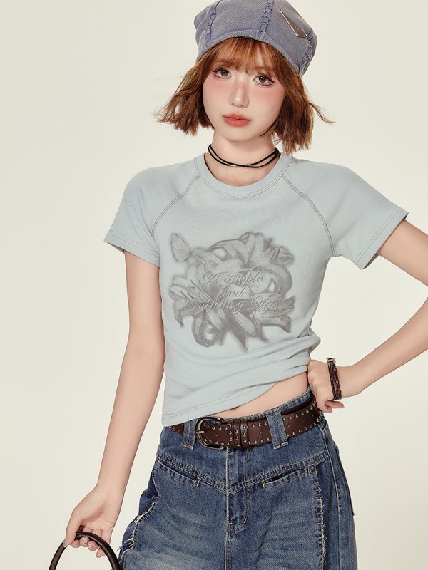Cropped American Retro Raglan T-Shirt for Women, Short Sleeve Round Neck Top, Summer Style, Slim Fit, Trendy Y2K Fashion