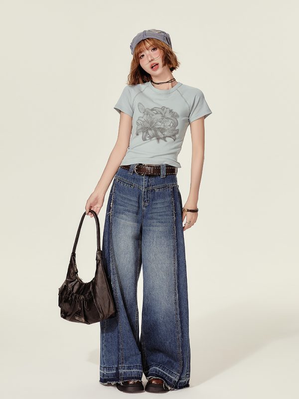Cropped American Retro Raglan T-Shirt for Women, Short Sleeve Round Neck Top, Summer Style, Slim Fit, Trendy Y2K Fashion