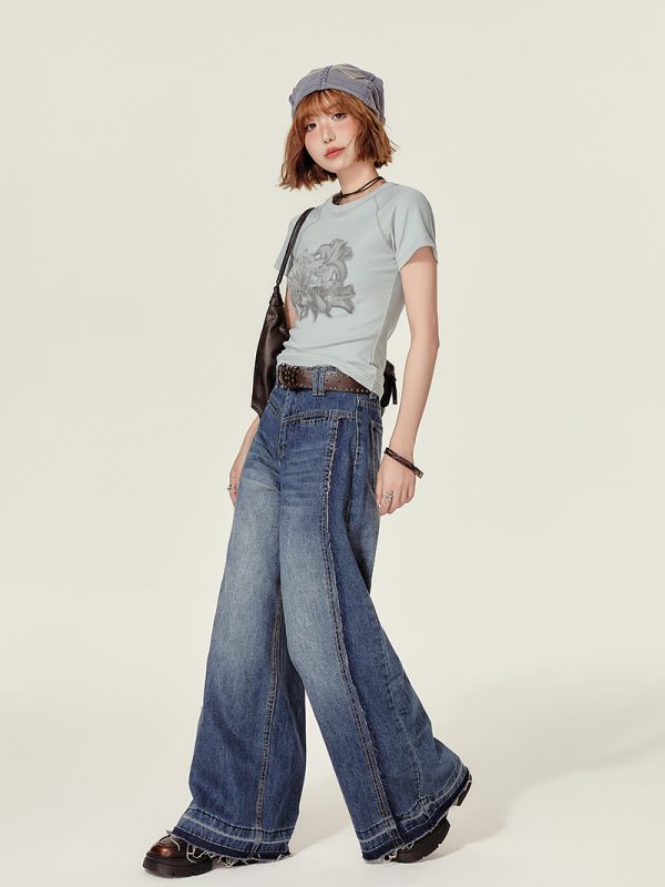 Cropped American Retro Raglan T-Shirt for Women, Short Sleeve Round Neck Top, Summer Style, Slim Fit, Trendy Y2K Fashion