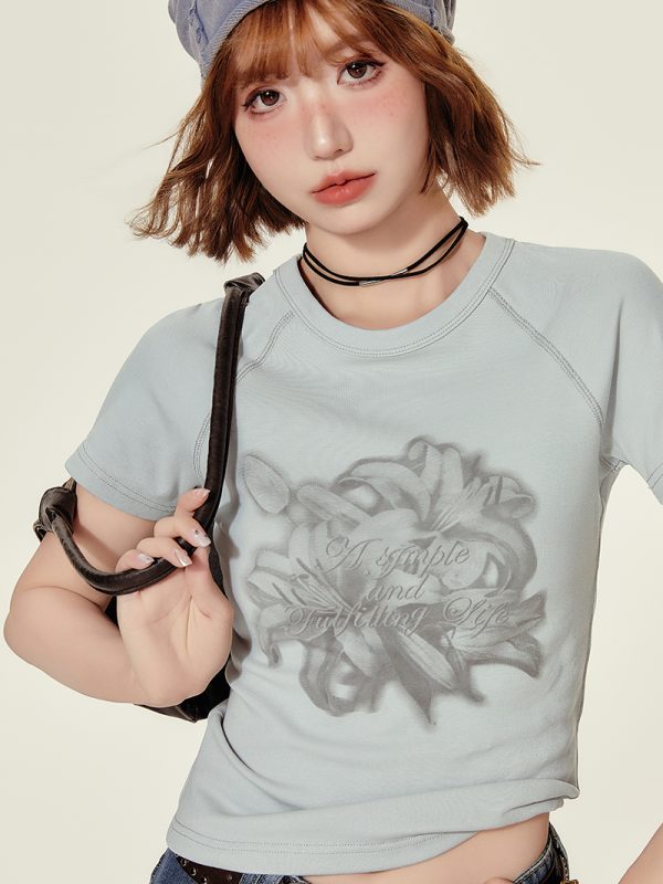 Cropped American Retro Raglan T-Shirt for Women, Short Sleeve Round Neck Top, Summer Style, Slim Fit, Trendy Y2K Fashion