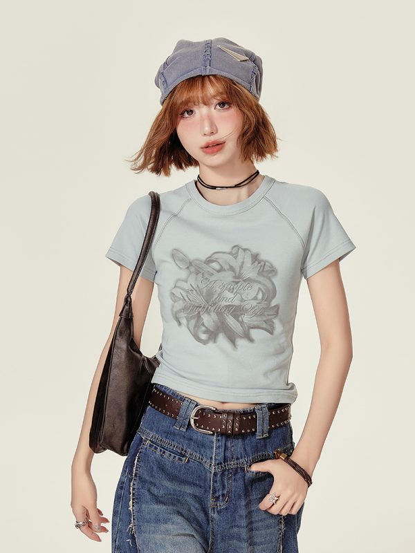 Cropped American Retro Raglan T-Shirt for Women, Short Sleeve Round Neck Top, Summer Style, Slim Fit, Trendy Y2K Fashion