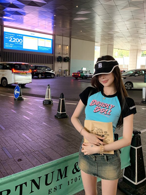 Cropped Color-Blocking T-Shirt for Women, Short Sleeve American Style, Trendy Hot Girl Printed Top, Y2K Fashion