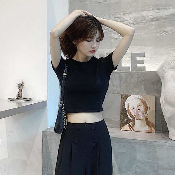 Cropped Pure Cotton Short Sleeve T-Shirt for Women, Slim Fit, Solid Color Round Neck Top - Versatile Summer 2025 Essential