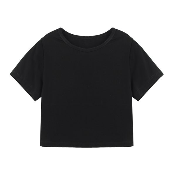 Cropped Pure Cotton Short Sleeve T-Shirt for Women, Slim Fit, Solid Color Round Neck Top - Versatile Summer 2025 Essential