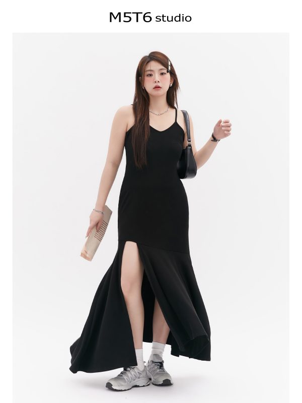 Curvy Mermaid Sister Flirty Irregular Split Fish Tail Dress with Slimming Spaghetti Straps - Trendy Y2K Style for Effortless Elegance
