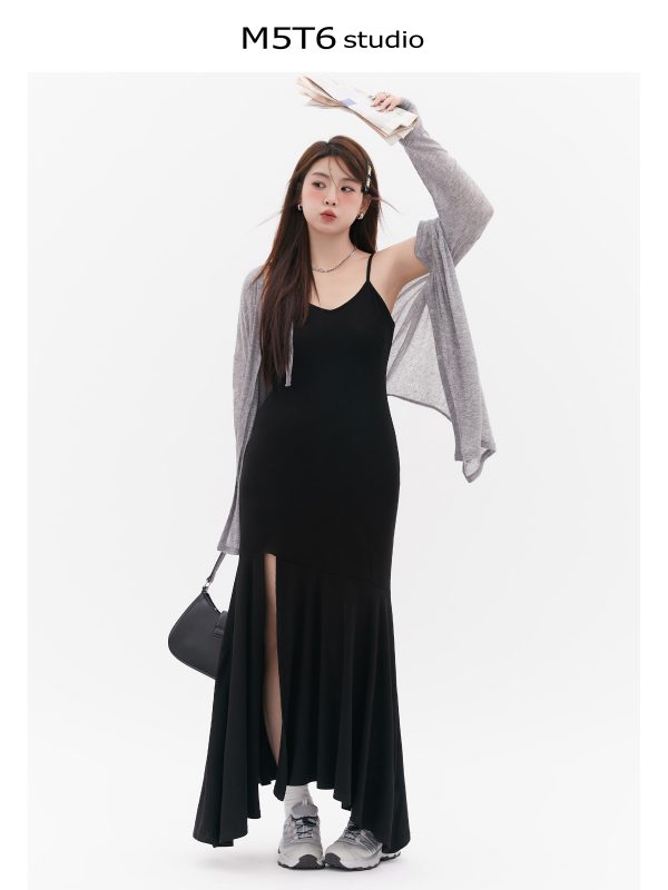 Curvy Mermaid Sister Flirty Irregular Split Fish Tail Dress with Slimming Spaghetti Straps - Trendy Y2K Style for Effortless Elegance