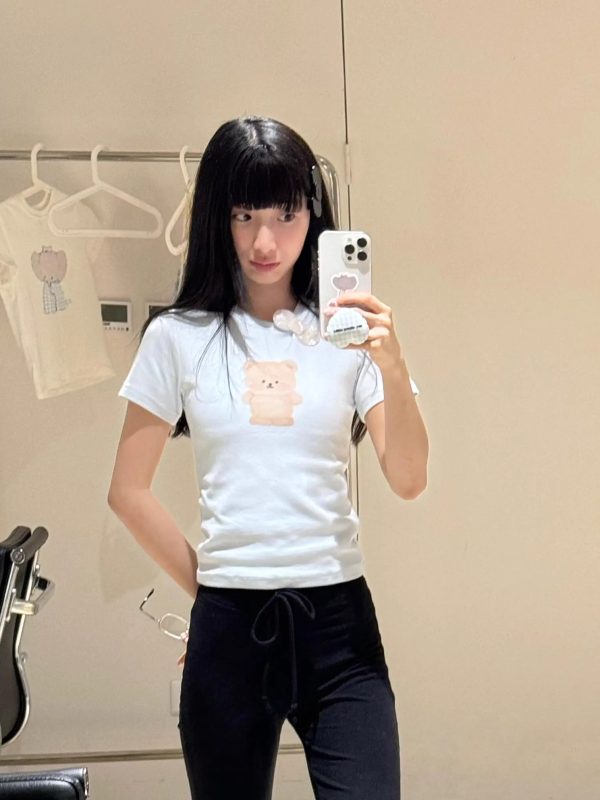 Cute Bear Print Short Fitted Slim Pure Cotton High-Stretch Short Sleeve T-Shirt - 25SS Korean Style Fashion
